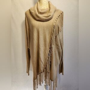 Kate & Mallory Sweater Poncho Cowl Neck Faux Wrap Oversized Fringe Relaxed Fit